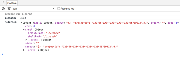 console.log exec